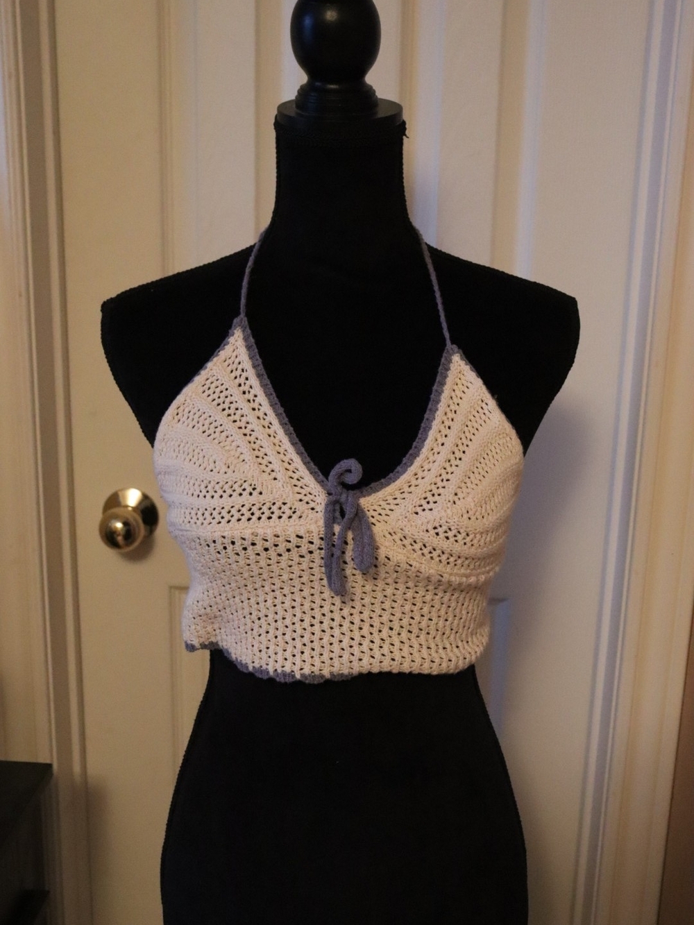 ROMWE Cream Crochet Halter Top with Light Gray Trim